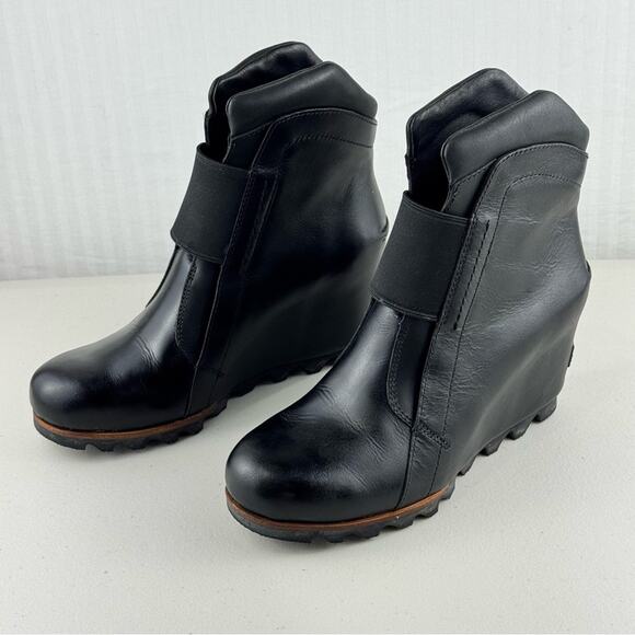 Sorel Fiona Wedge Lux Black Leather Wedge Ankle Boots Size 7 EUR 38 Waterproof - Picture 3 of 11